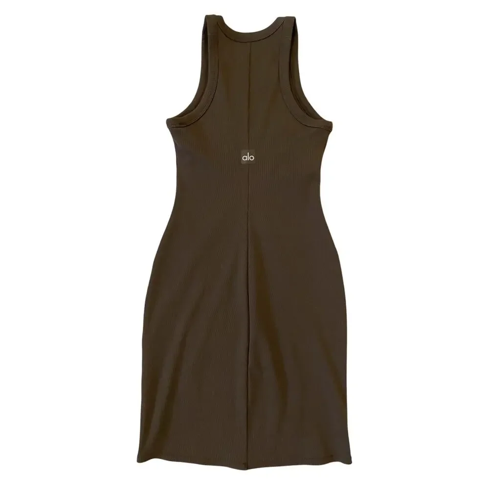 ALO‎ Yoga Seamless Goddess Ribbed Go To Dress XS Espresso Brown Athleisure